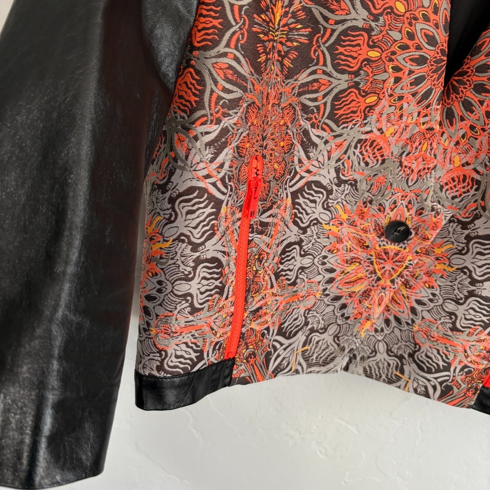 Helmut Lang Lamb Leather Jacket Women Size 2 Black Neon Jacquard - Picture 5 of 11